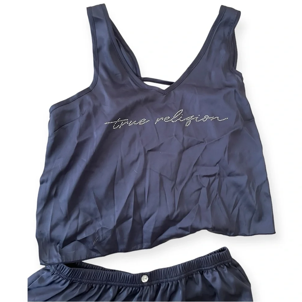 True Religion Crystal satin rhinestone two piece pajama set navy new with tags L